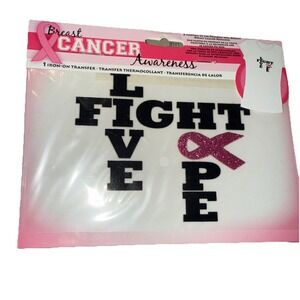 Breast Cancer Awareness Iron On Transfer - Fight, Live, Hope Black, Pink NEW